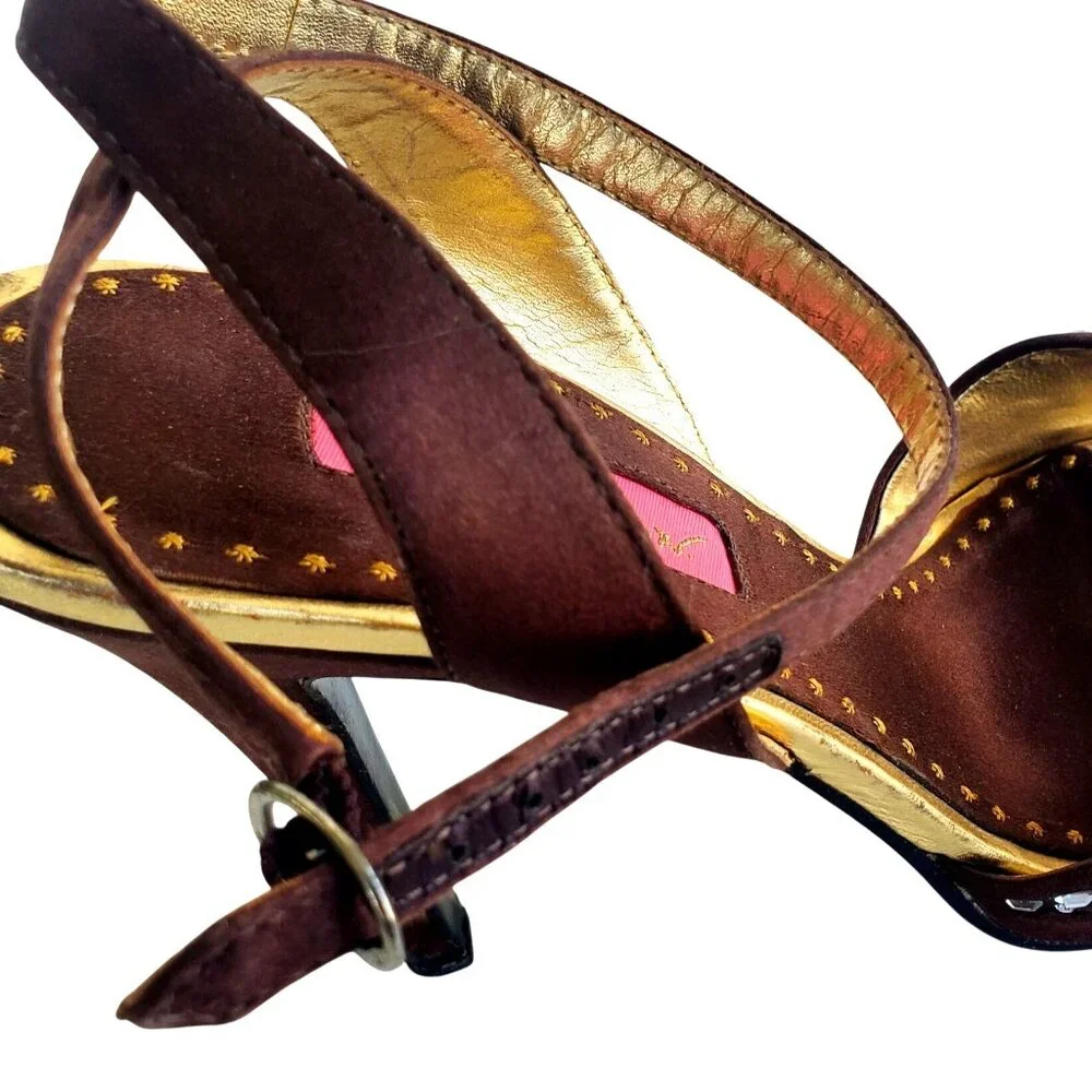 Betsey Johnson Cristie Platform Heels 7 Strappy Rhinestone Brown Gold Open Toe - Picture 12 of 13